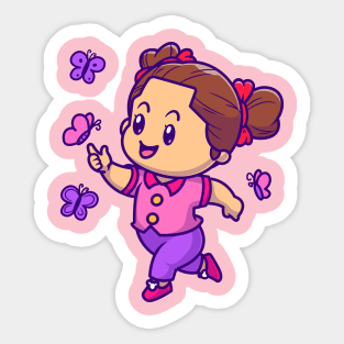 Cute Girl Playing With Butterfly Cartoon Sticker